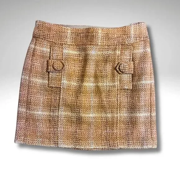 Warm Camel Plaid Tweed Wool Blend Mini Skirt• Size 0 Classic Heritage Academia - Picture 1 of 7